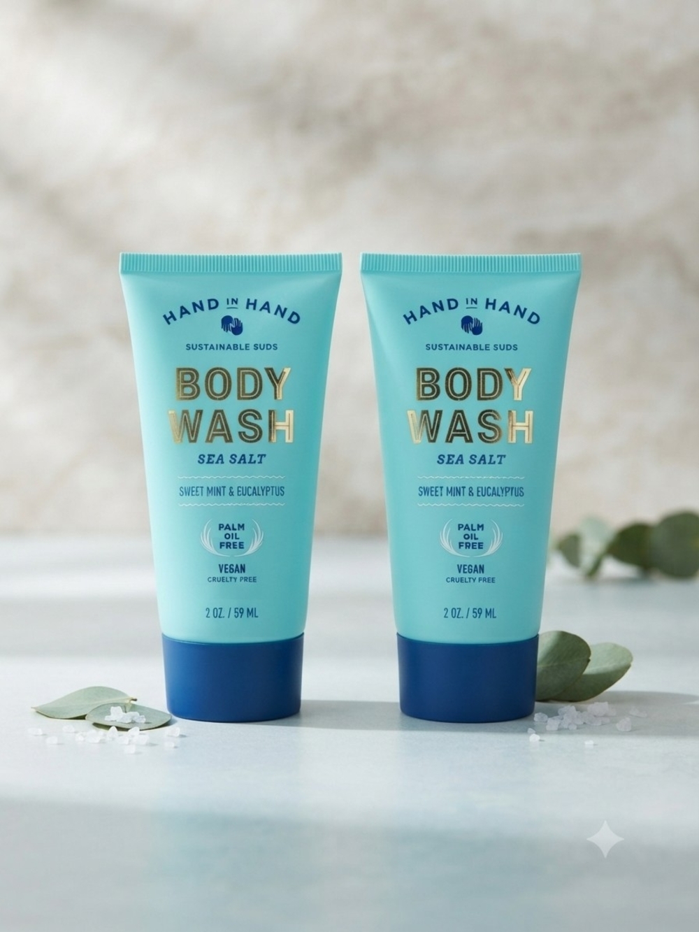 Hand In Hand Sea Salt Body Wash - 2-Pack 2 Oz Each NWT Vegan Mint Eucalyptus